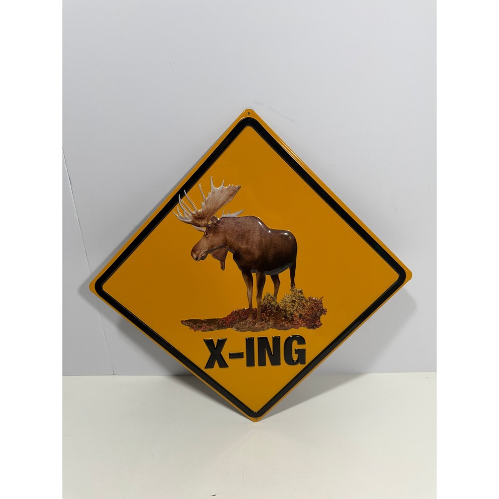 Ande Rooney Moose X-ing Embossed Tin Sign Yellow Wildlife Cabin Decor‎ 18x18